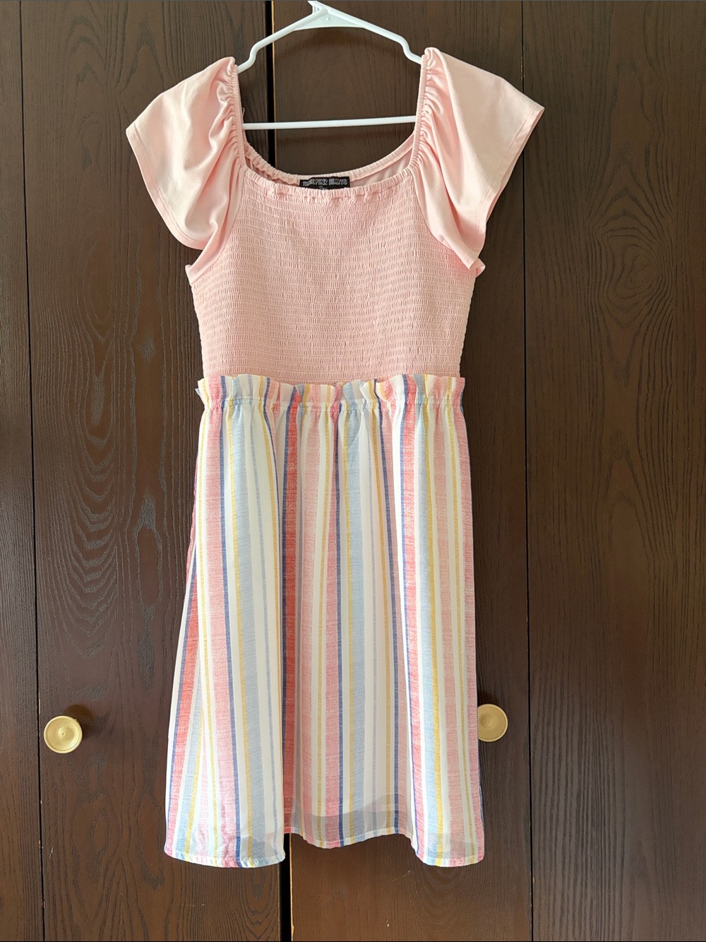Three Pink Hearts Girl’s Pink Dress with Pastel Multi-Stripe Skirt. Size XXLP